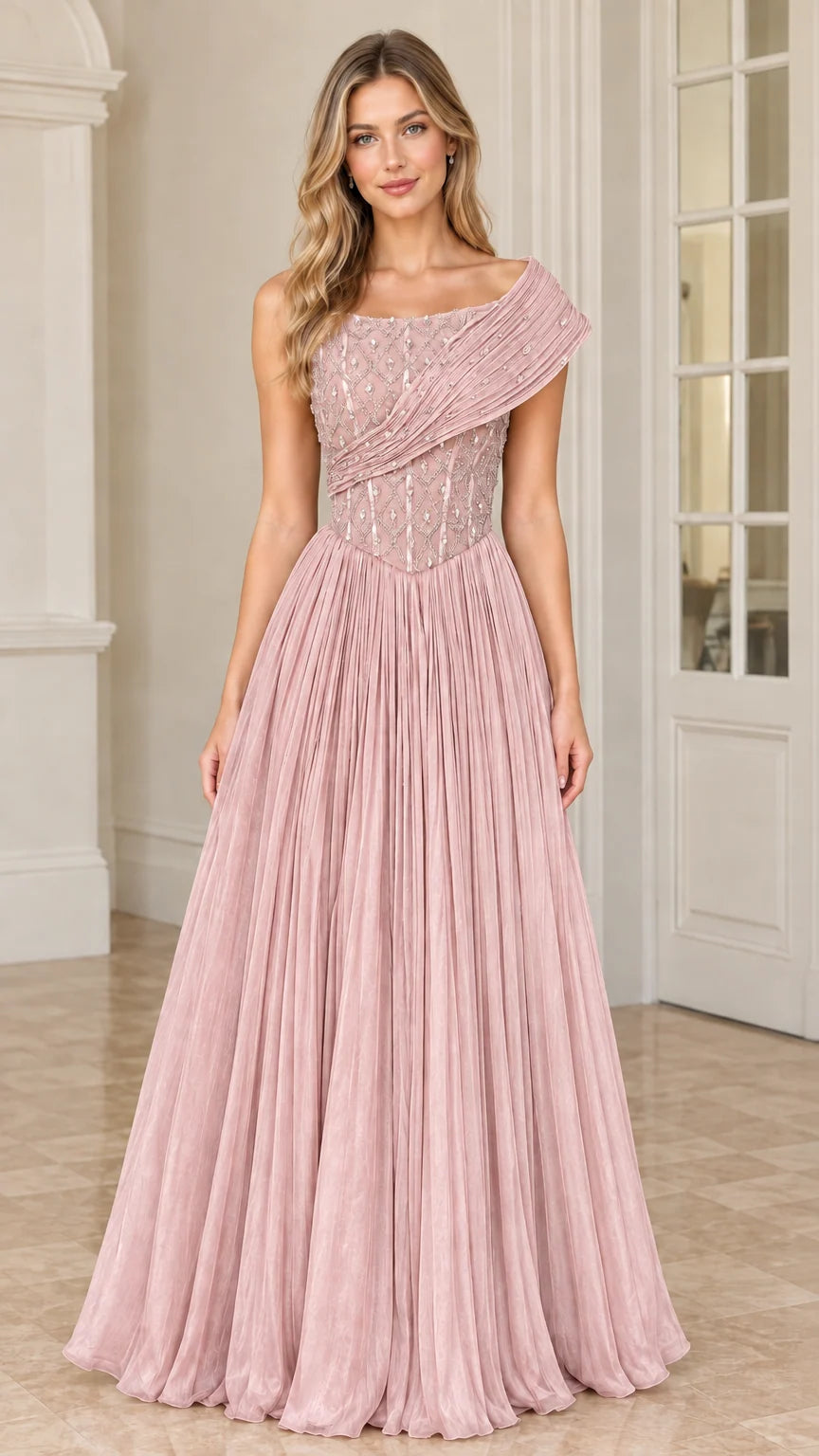 Front view of model wearing Dusty Rose one-shoulder beaded pleated gown