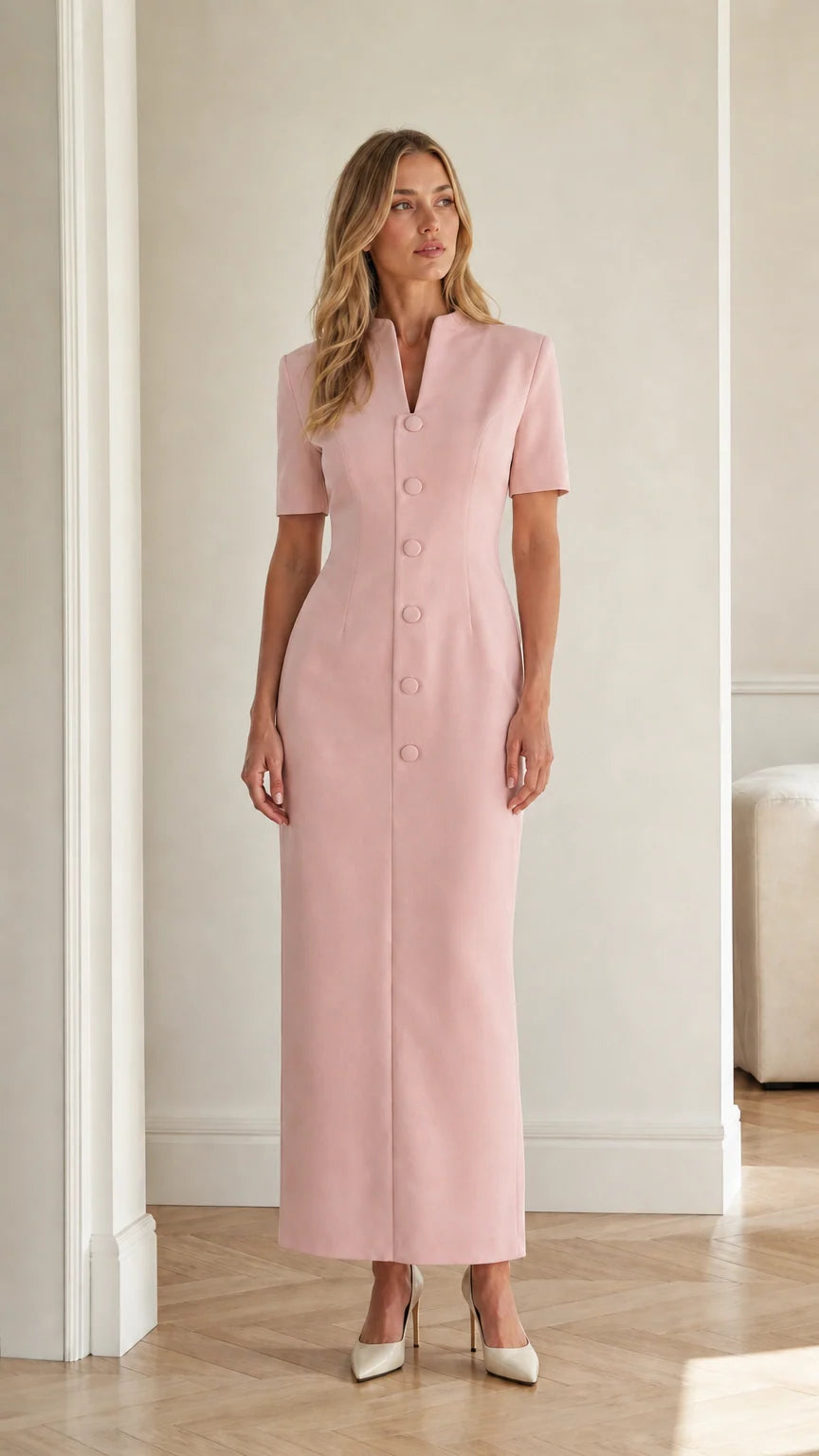 Front full view of blush pink short sleeve stand collar column maxi dress