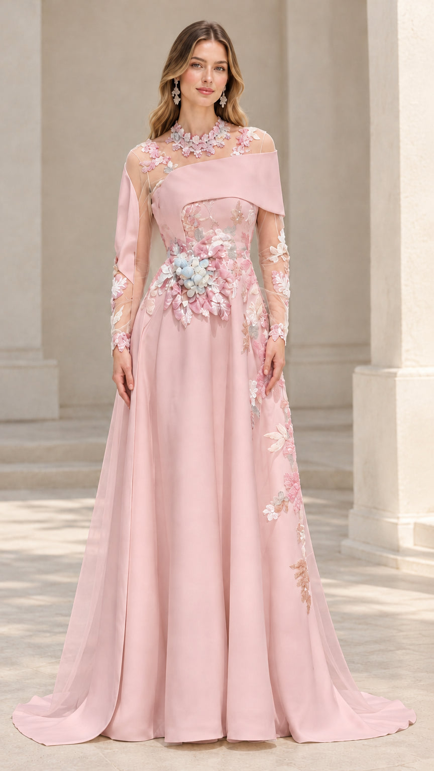 Front view of the floral embroidered formal gown in Blush Pink