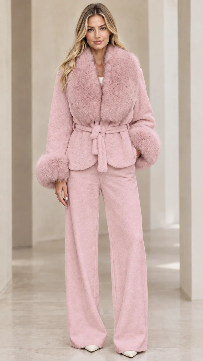 Model wearing blush pink belted faux fur trim jacket and matching wide leg pants set