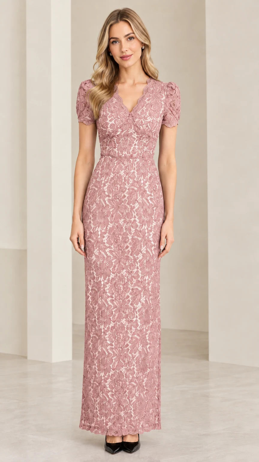 Front full view of model wearing dusty pink floral lace short sleeve maxi dress