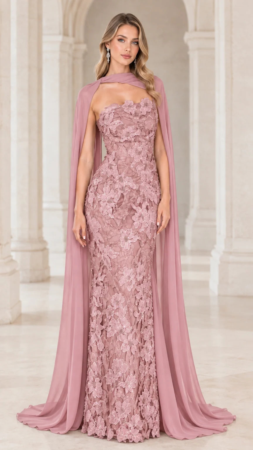Dusty Rose Strapless Floral Embroidered Maxi Gown with Sheer Cape