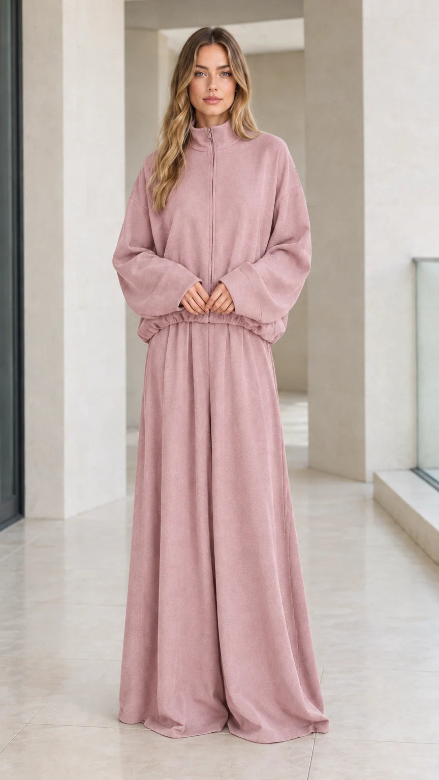 Front view of woman wearing dusty pink matching zip jacket and wide-leg lounge set
