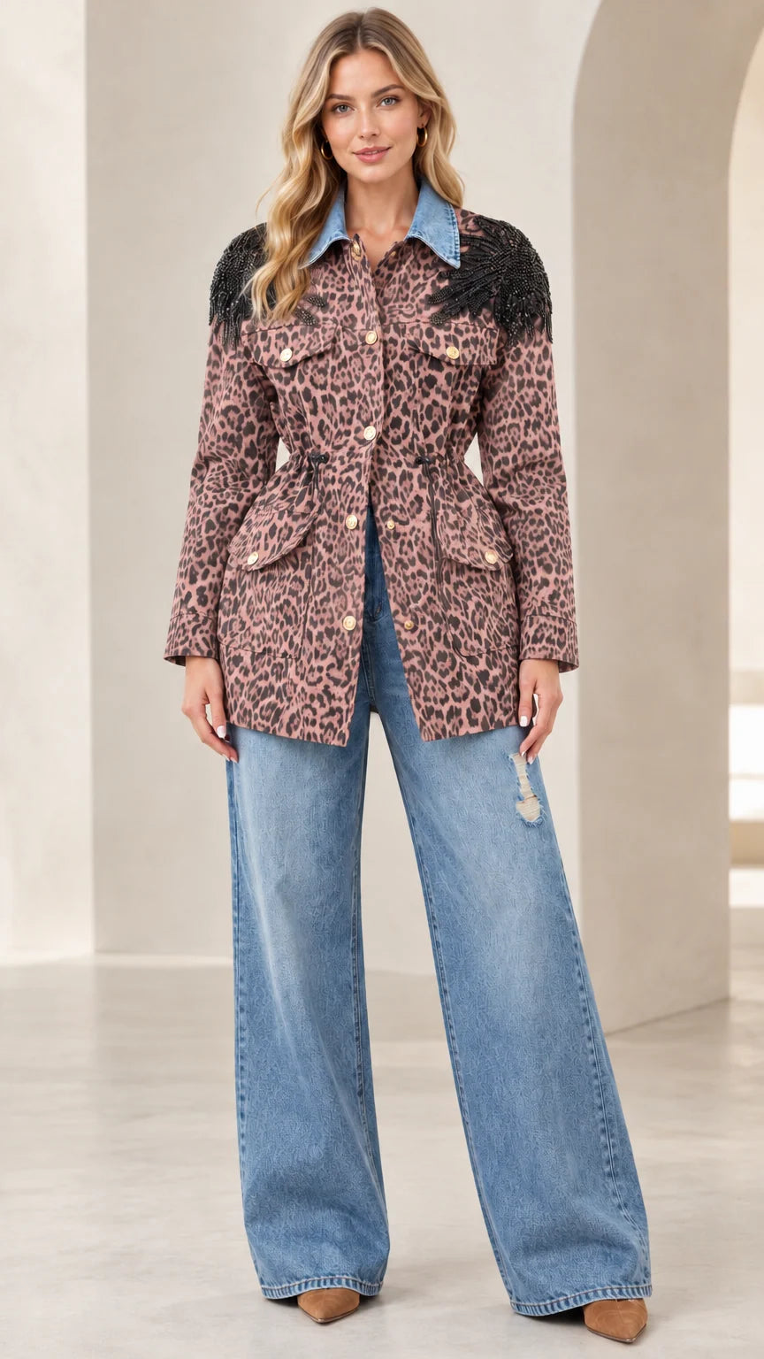 Model wearing dusty rose leopard utility jacket with denim collar and beaded shoulders