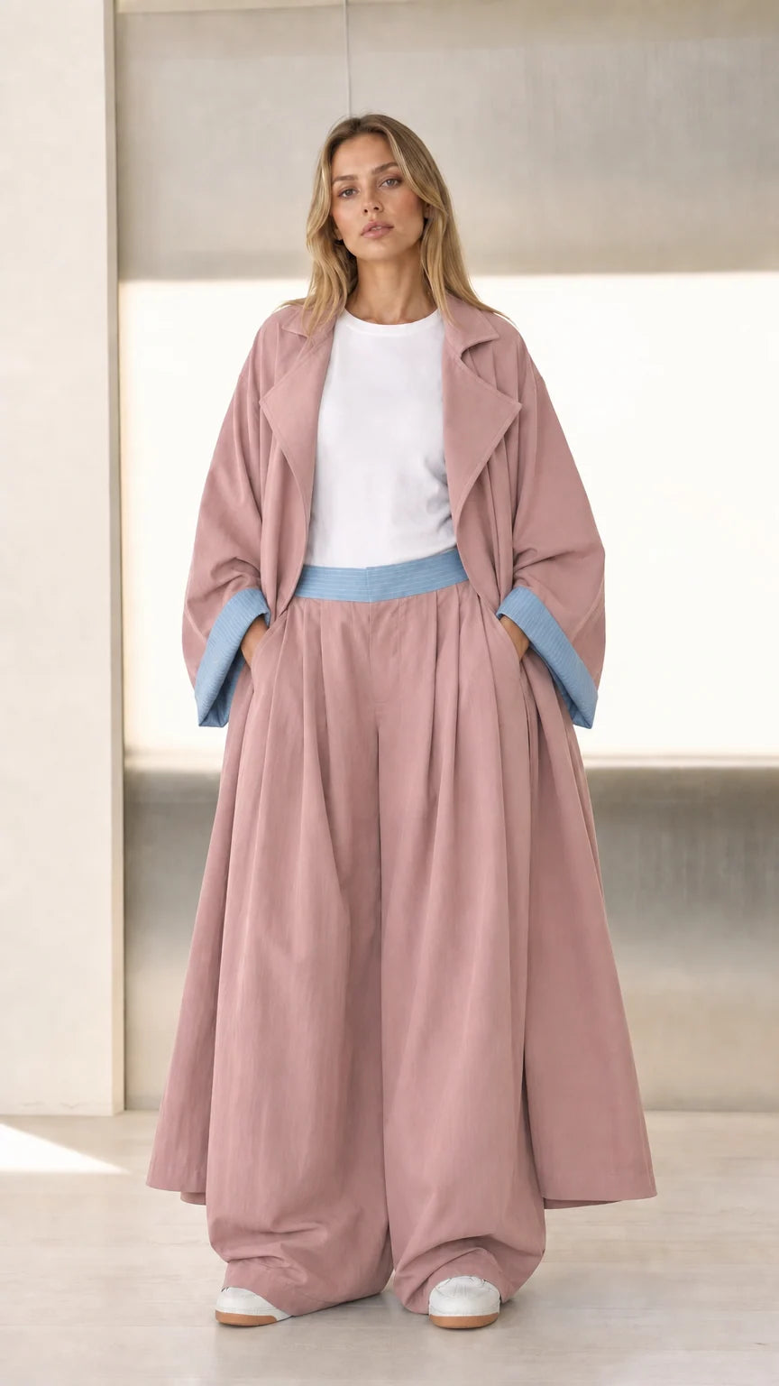 Front view of Dusty Rose pink duster coat and matching wide-leg trousers