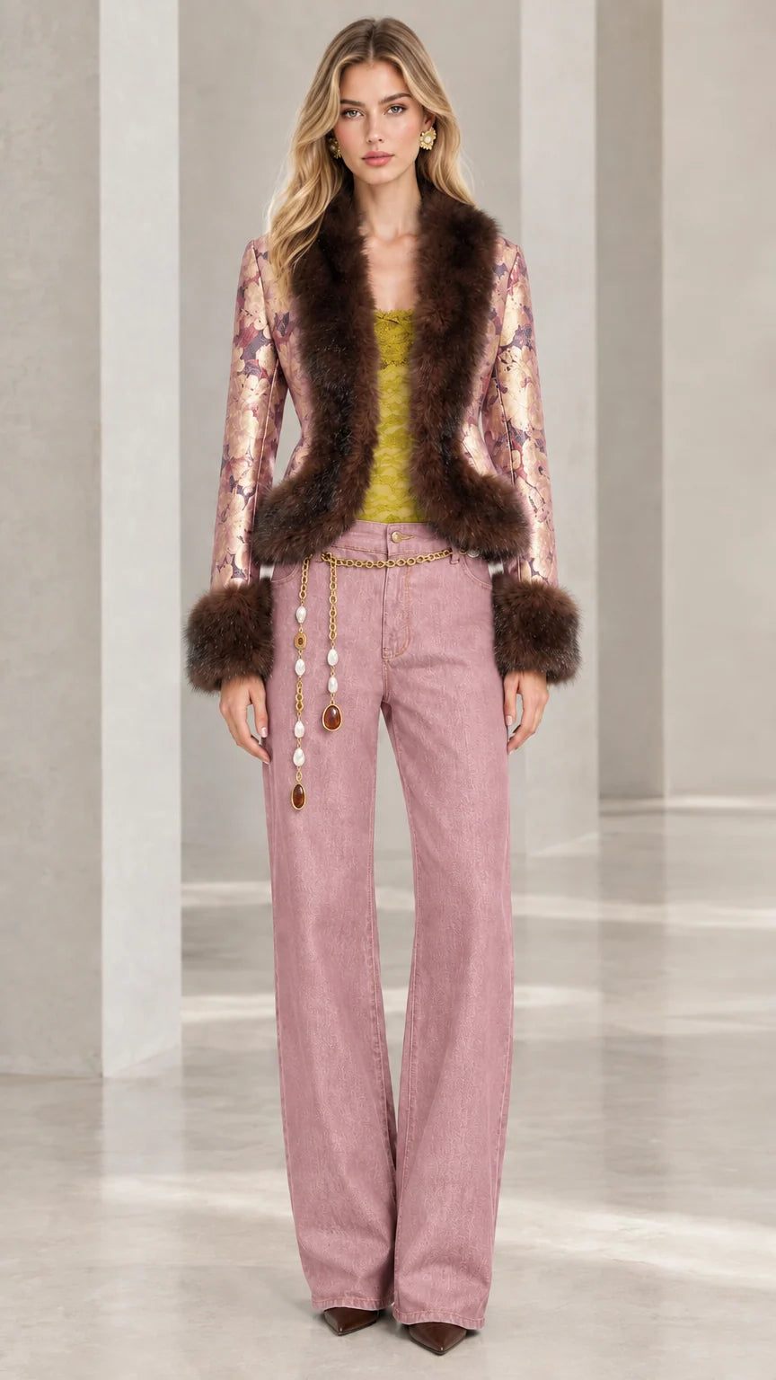Model wearing rose pink floral jacquard jacket with faux fur trim and matching trousers