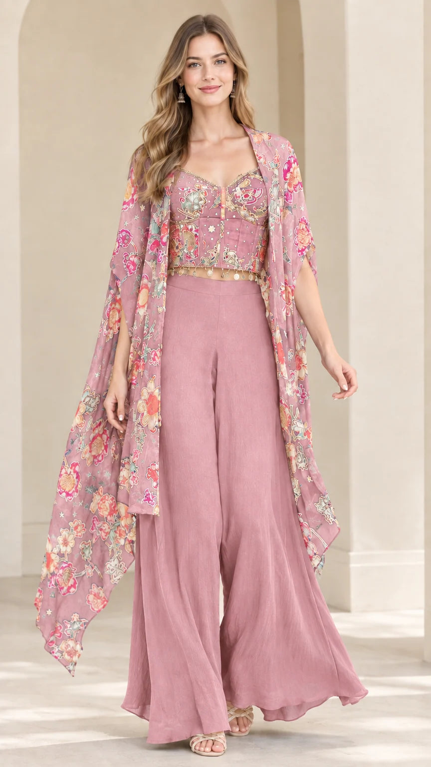 Dusty pink floral cape top and flowing palazzo pants set
