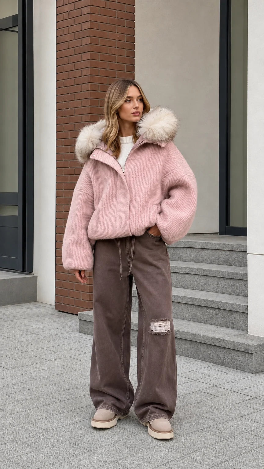 Model styling light pink plush ribbed bomber jacket with faux fur trim