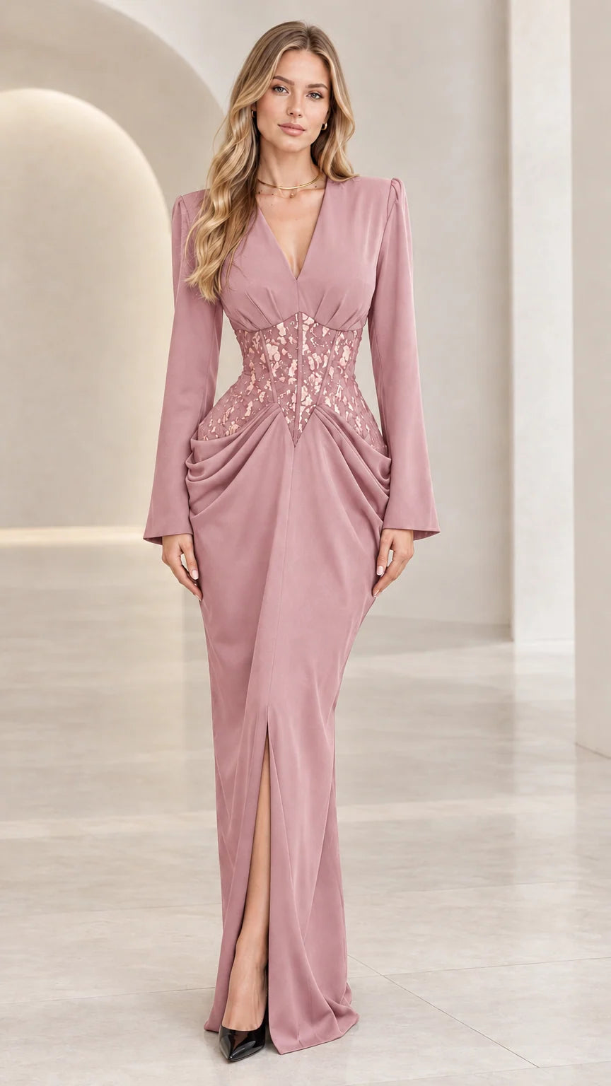 Dusty pink long sleeve evening maxi dress with lace corset waist