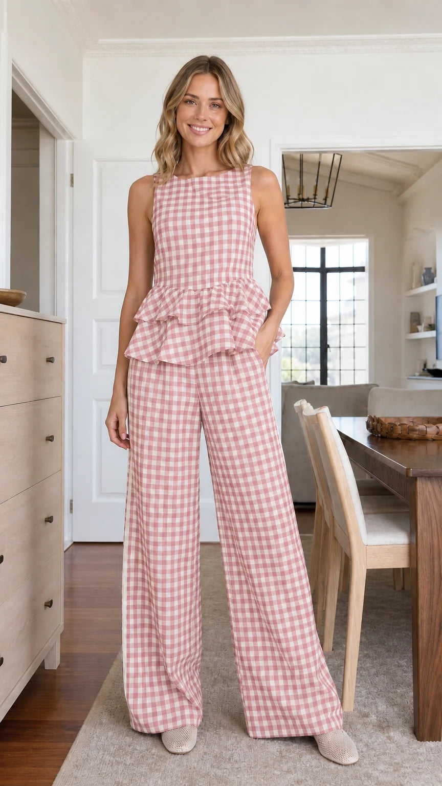 Model wearing pink gingham matching set