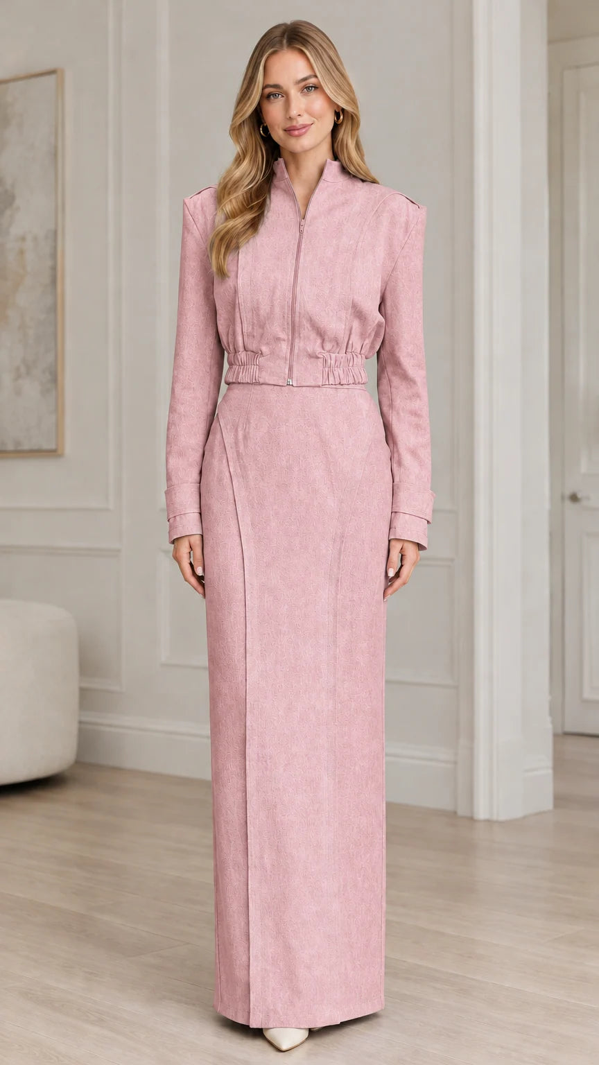 Dusty pink long sleeve zip jacket and matching column maxi skirt set