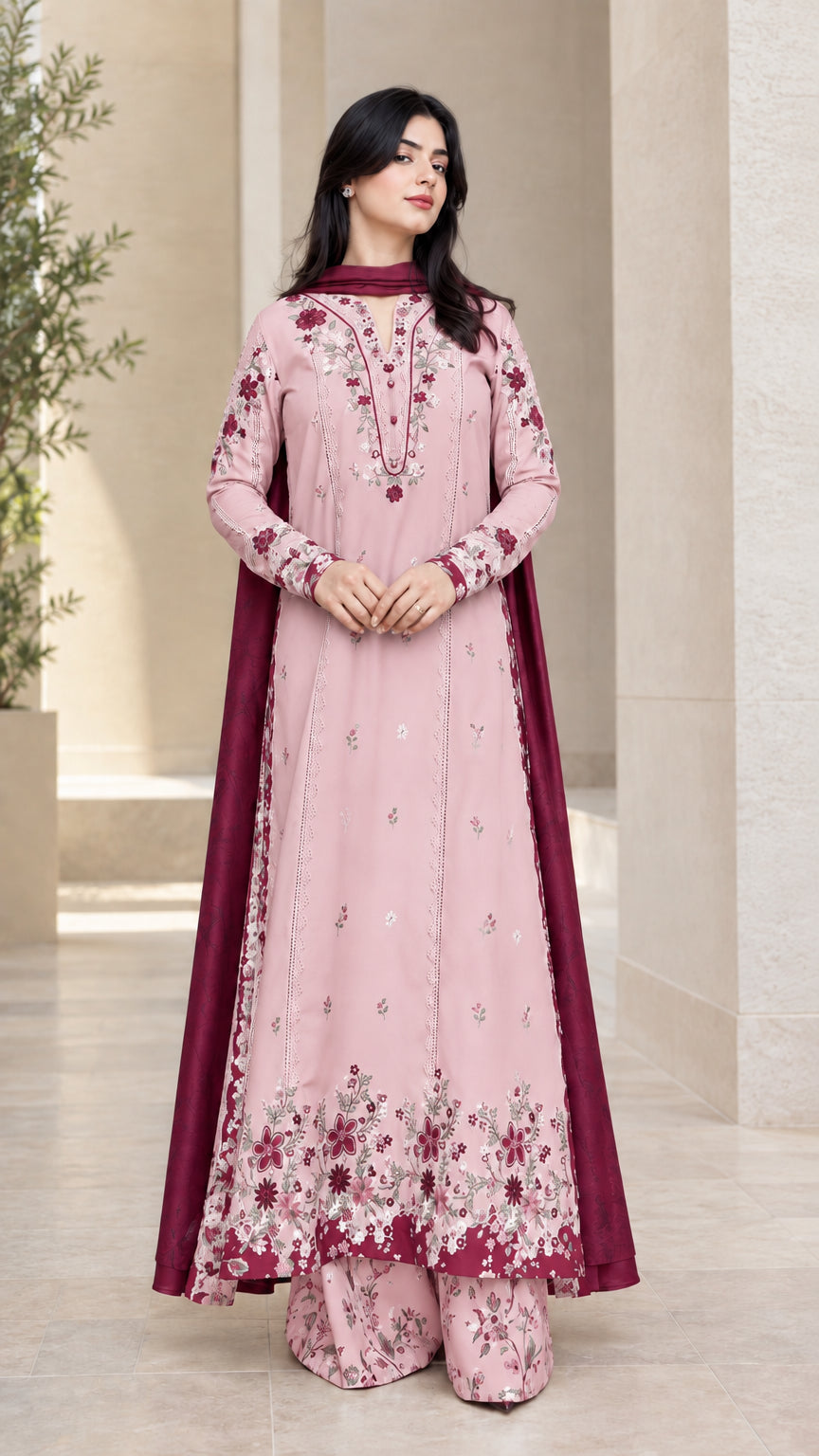Front full view of dusty pink floral embroidered 3-piece kurta palazzo suit set with contrast dupatta