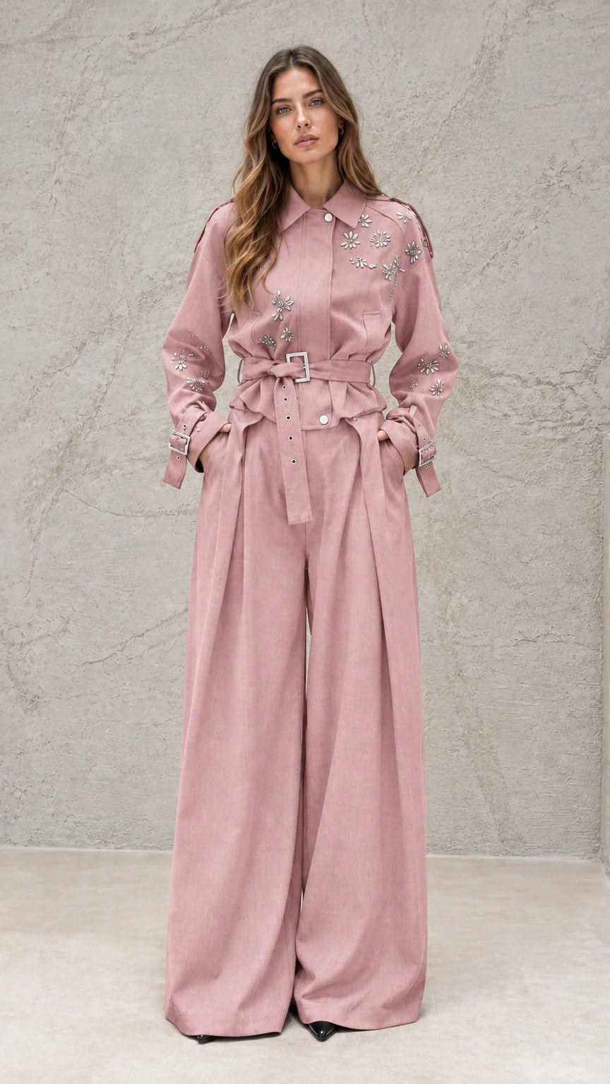 Full front view of model wearing dusty pink embellished wide-leg jumpsuit