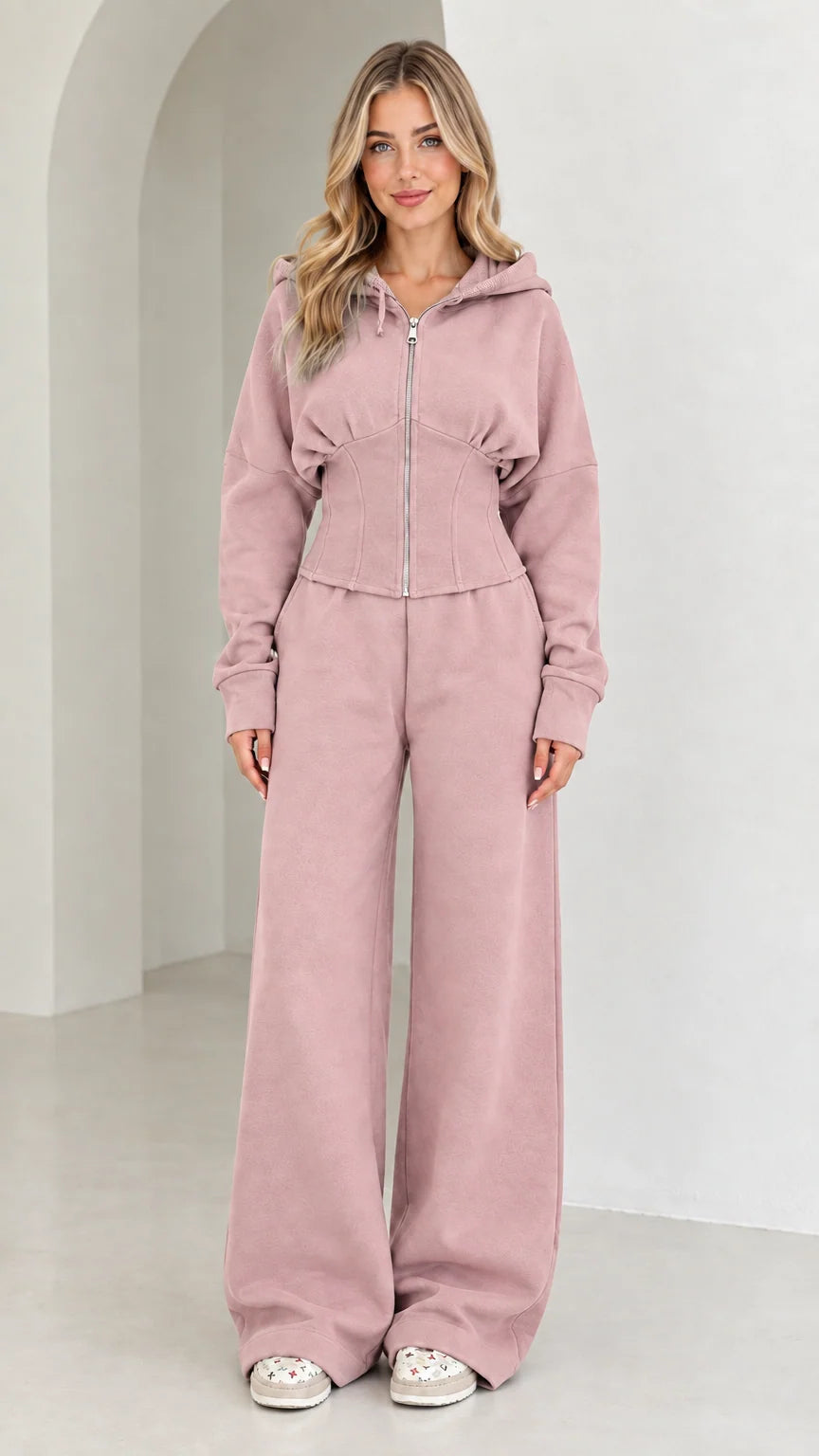 Full-length view of women's corset hoodie and wide-leg sweatpants set in Dusty Rose