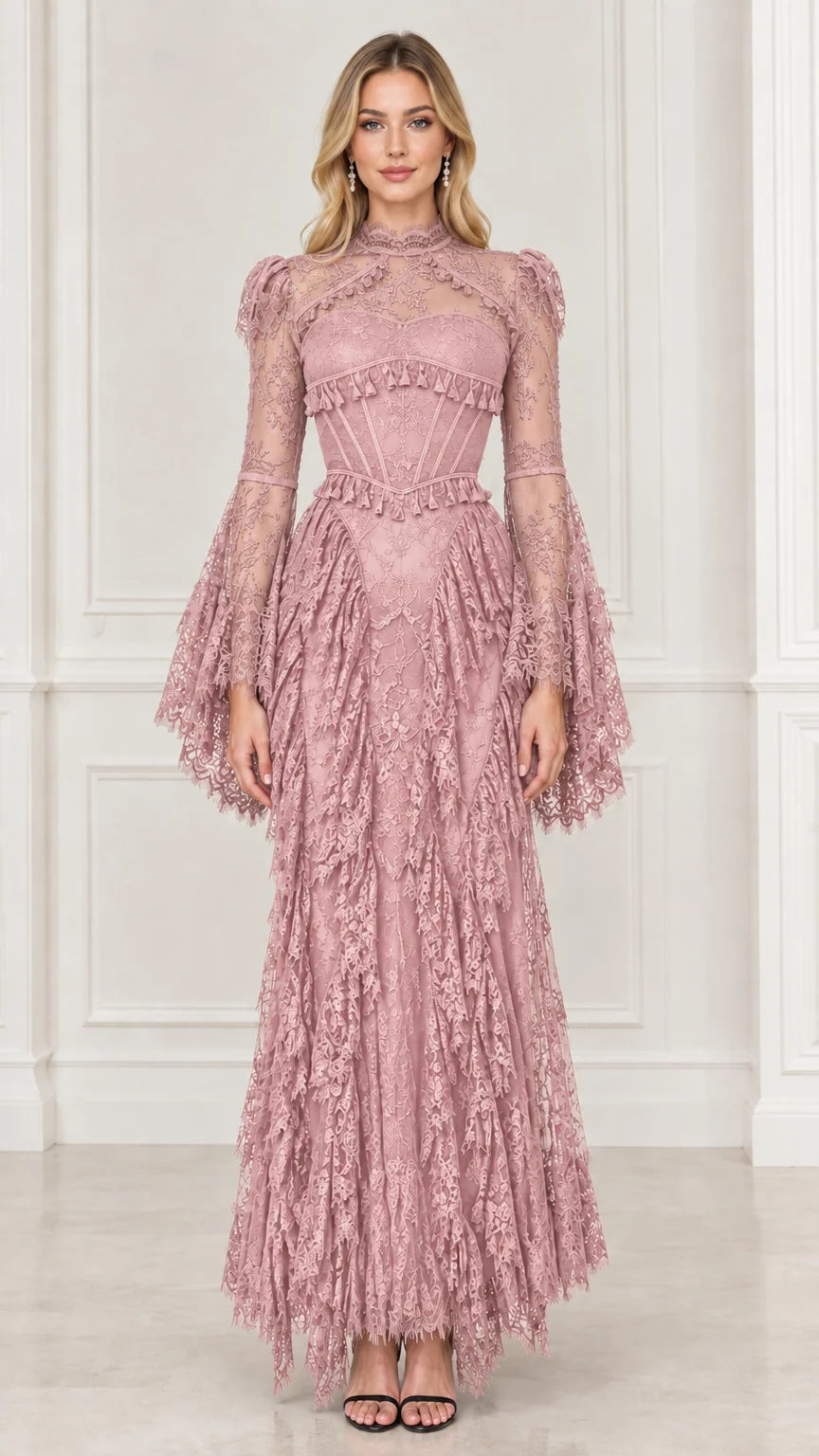 Dusty pink Victorian corset lace maxi dress with long flare sleeves