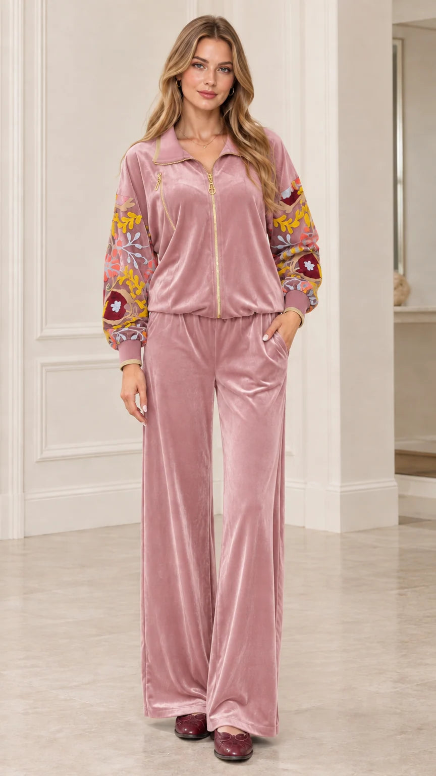 Dusty pink embroidered velvet tracksuit set full front view