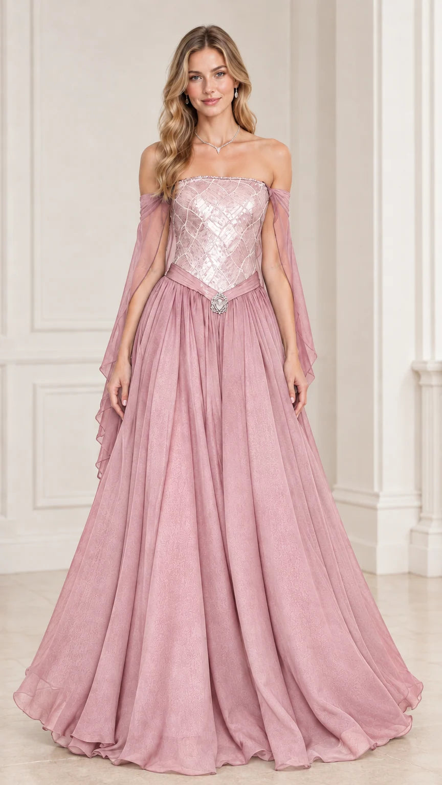 Model wearing Dusty Rose pink sequin corset formal gown with flowing chiffon skirt