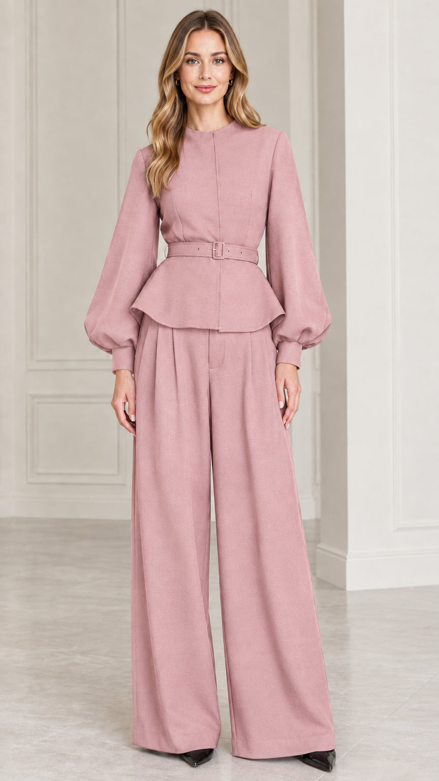 Full-length studio shot of model wearing Dusty Rose belted peplum top and wide-leg pants set