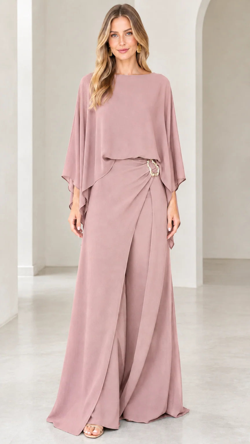 Dusty pink capelet overlay wide-leg evening jumpsuit front view