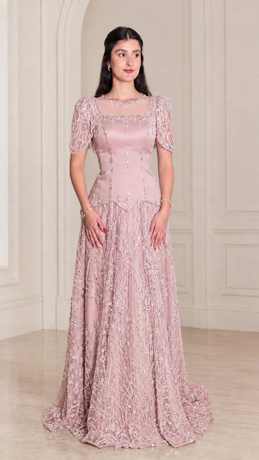 Model wearing elegant Dusty Pink embroidered formal evening dress