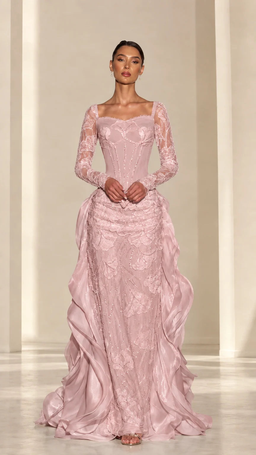 Front view of dusty pink long sleeve corset formal gown