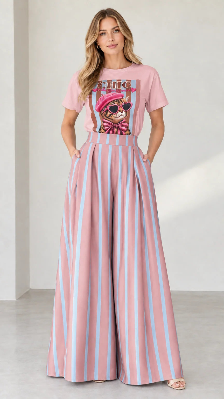 Full-length shot of dusty pink graphic tee and pink striped wide-leg pants set