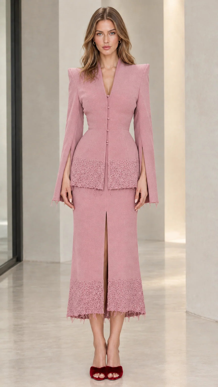 Front view of dusty pink peplum blazer and lace midi skirt set