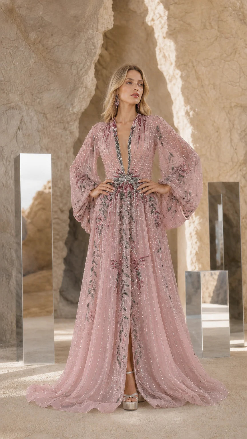 Front view of Dusty Rose embroidered beaded long sleeve evening gown