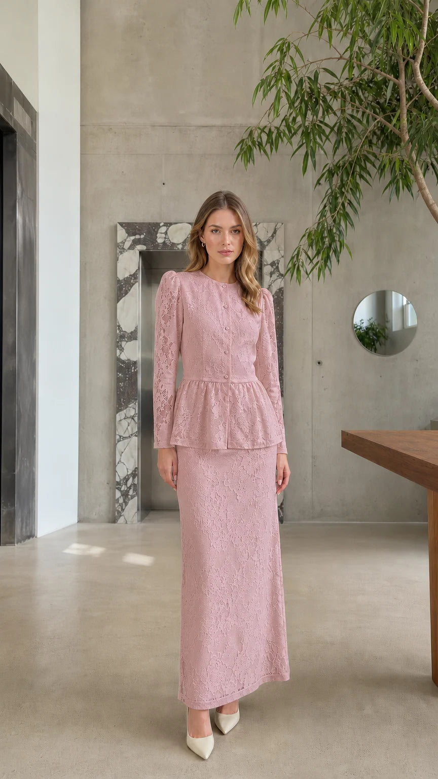 Full length view of model wearing the Dusty Pink floral lace peplum top and maxi skirt set