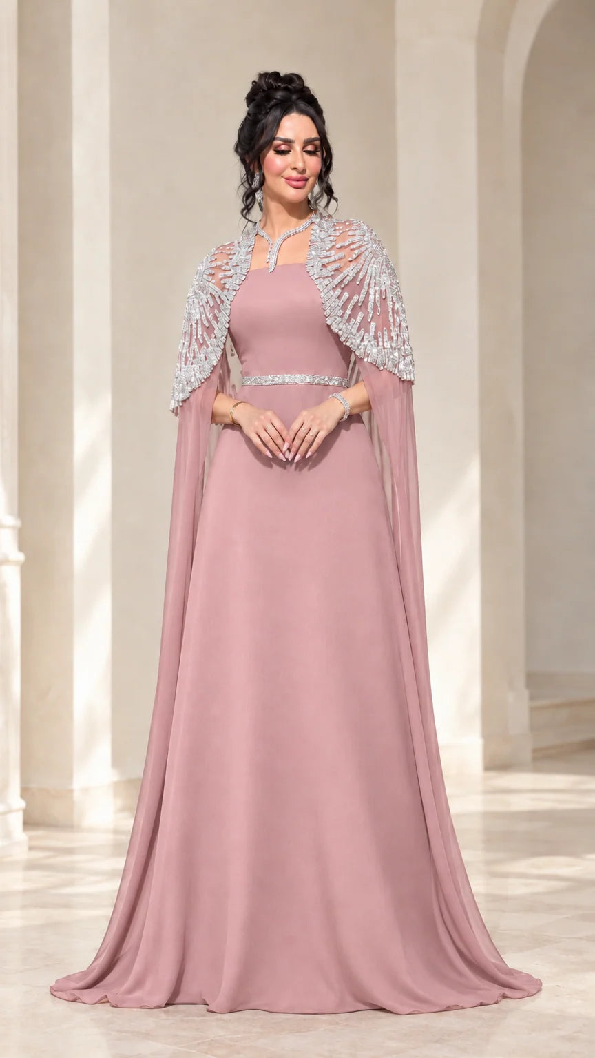 Dusty pink floor-length evening dress with silver embellished capelet