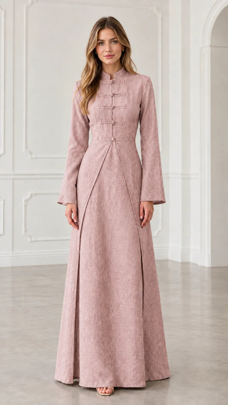 Front view of model wearing dusty pink frog button long sleeve maxi dress