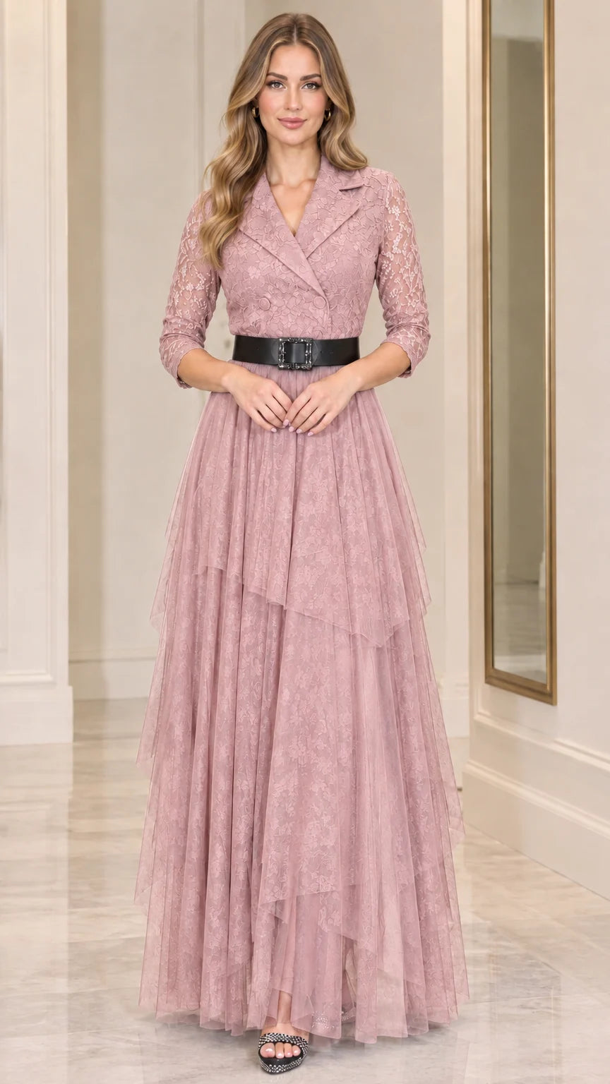 Model wearing dusty pink lapel lace tiered maxi evening dress with belt