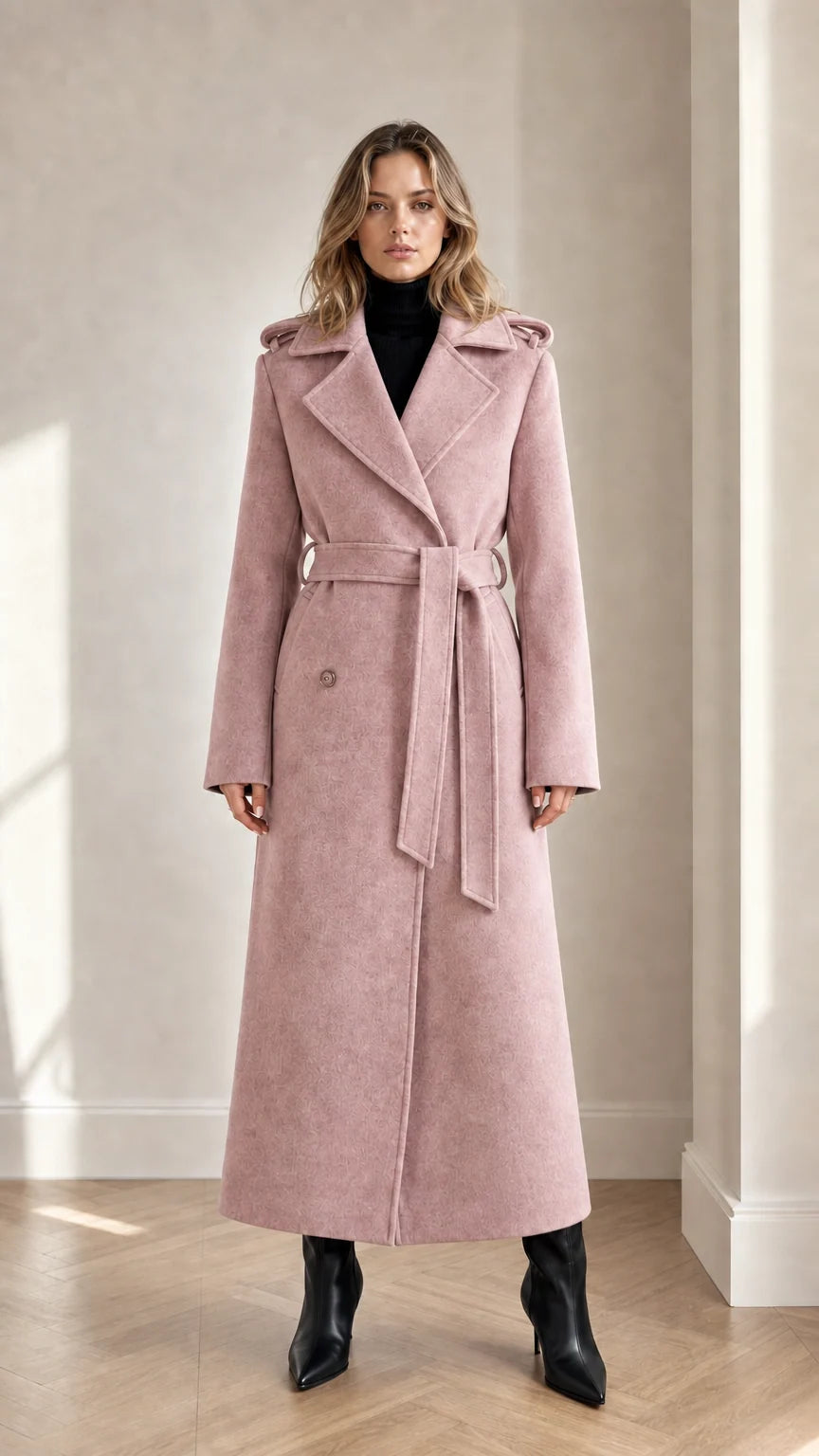 Front full-length view of woman wearing dusty pink maxi belted trench coat