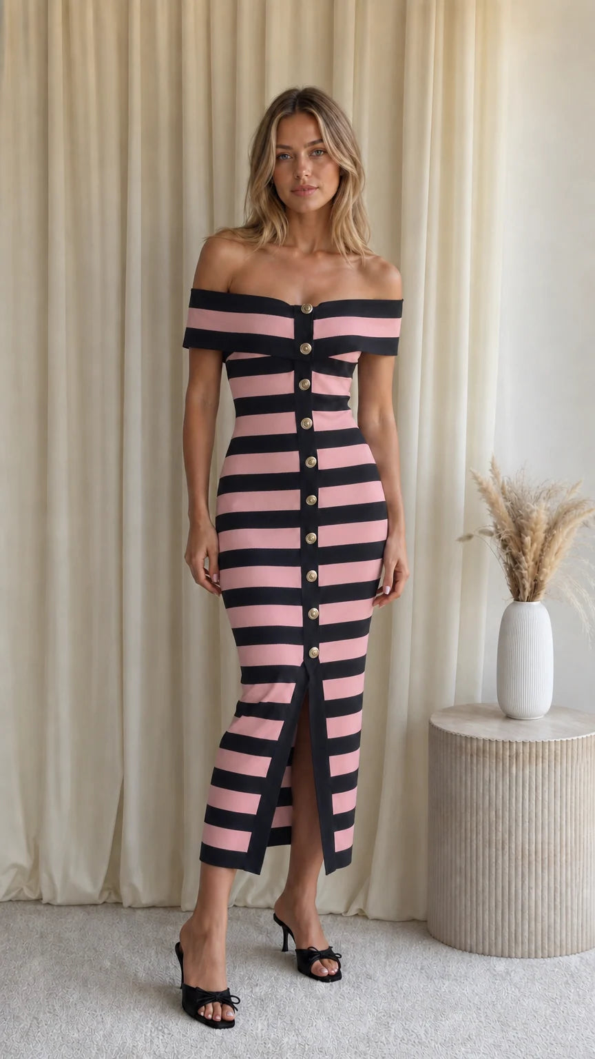 Model wearing pink and black striped off-shoulder midi sweater dress