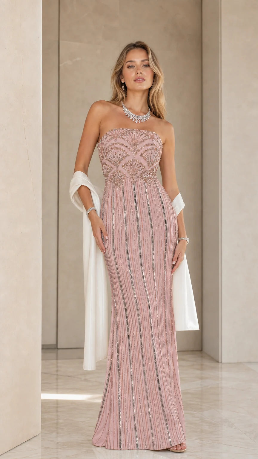 Blush pink strapless embellished formal maxi dress with shawl - front view