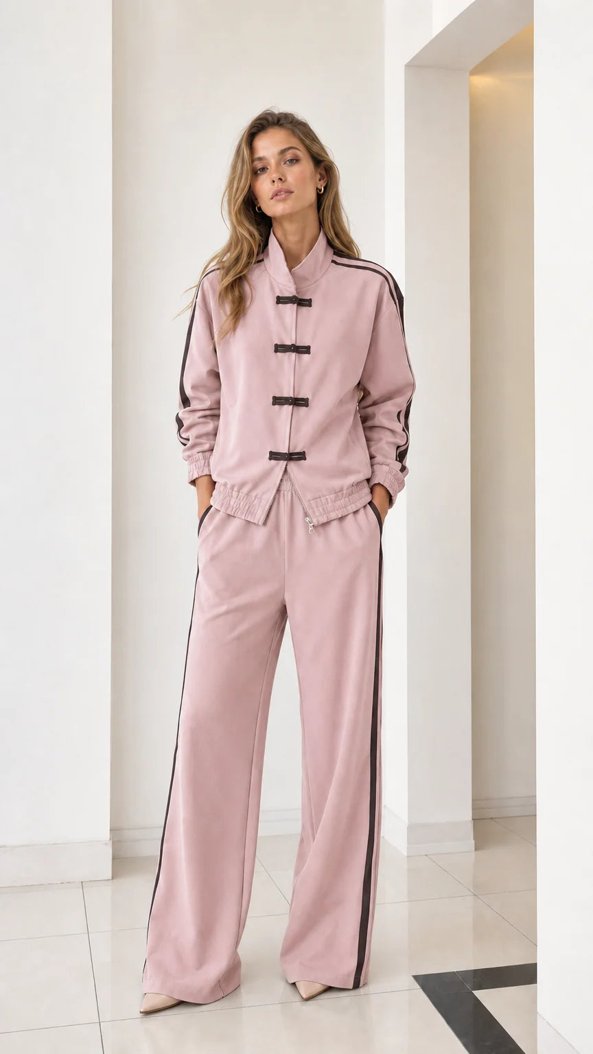 Full front view of women's dusty pink matching tracksuit set with wide-leg pants