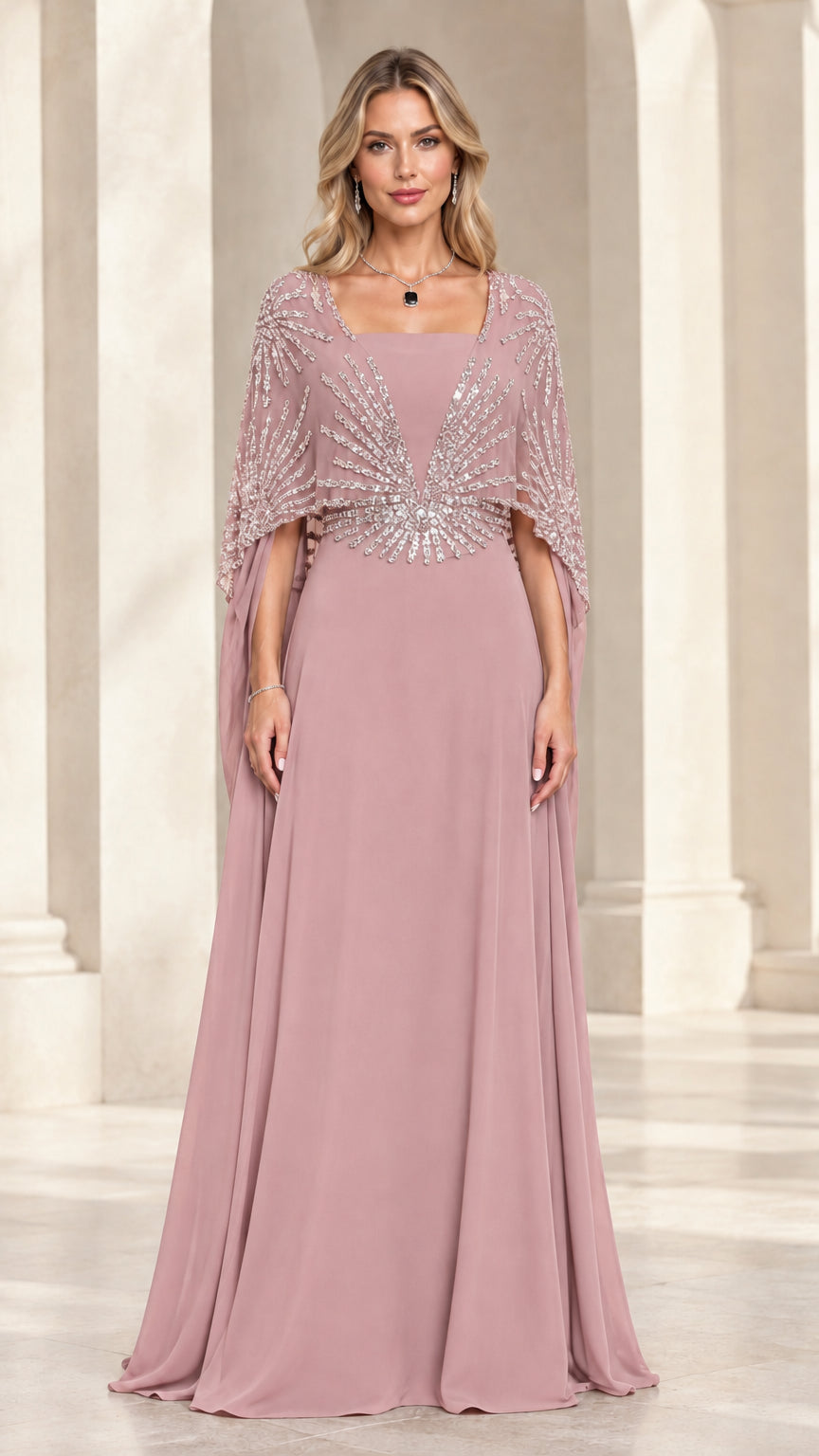 Dusty rose maxi evening gown with beaded capelet for mother of the bride