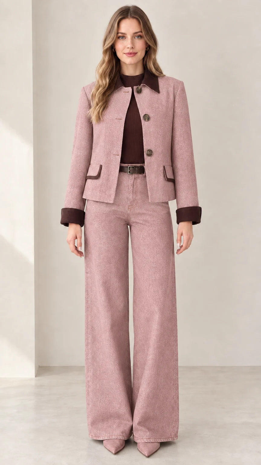 Model wearing Dusty Pink tailored denim jacket and wide-leg pants set