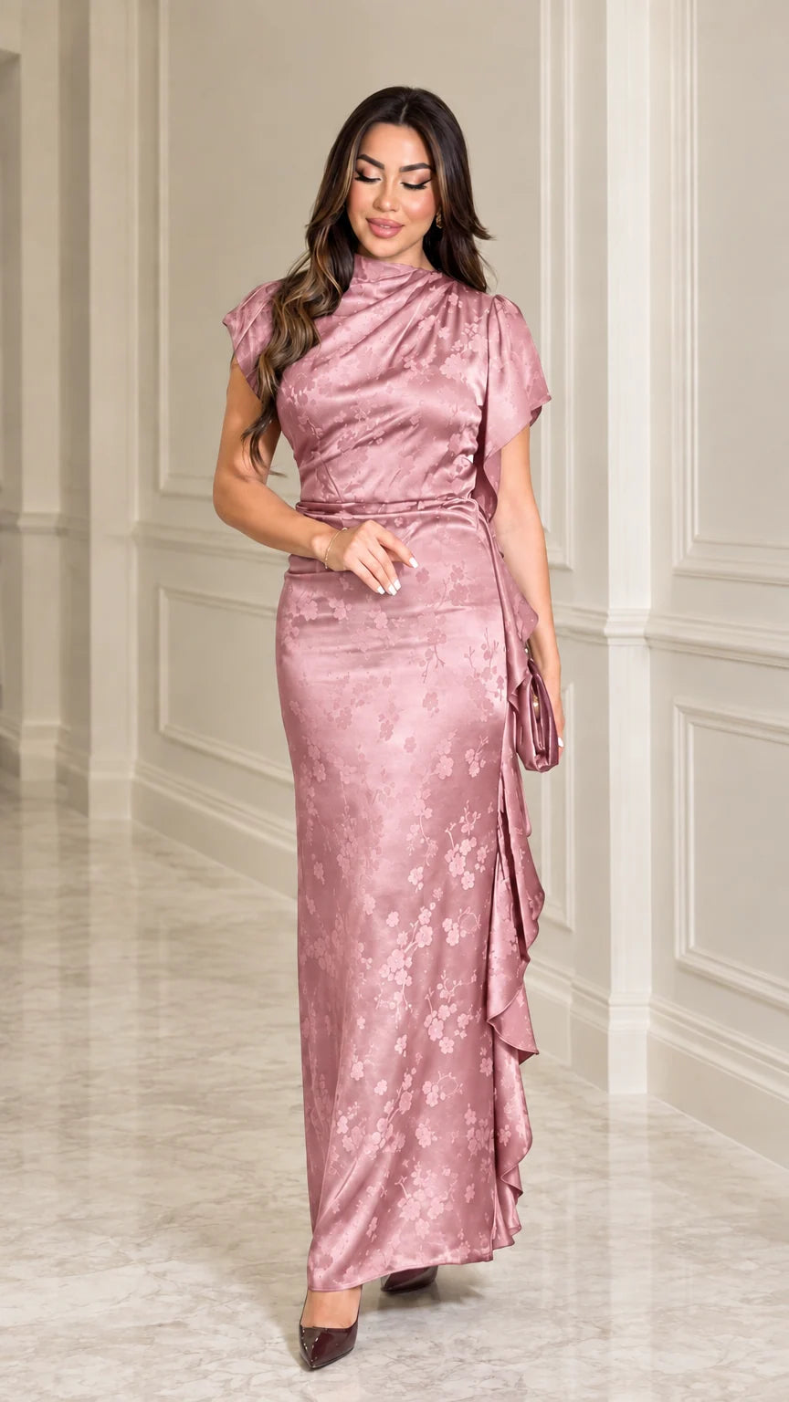 Front view of woman wearing Dusty Pink satin jacquard maxi dress