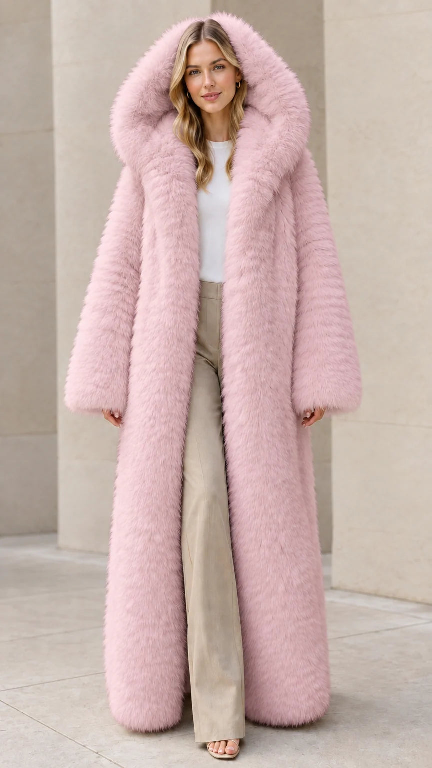 Women's blush pink floor-length hooded plush faux fur coat
