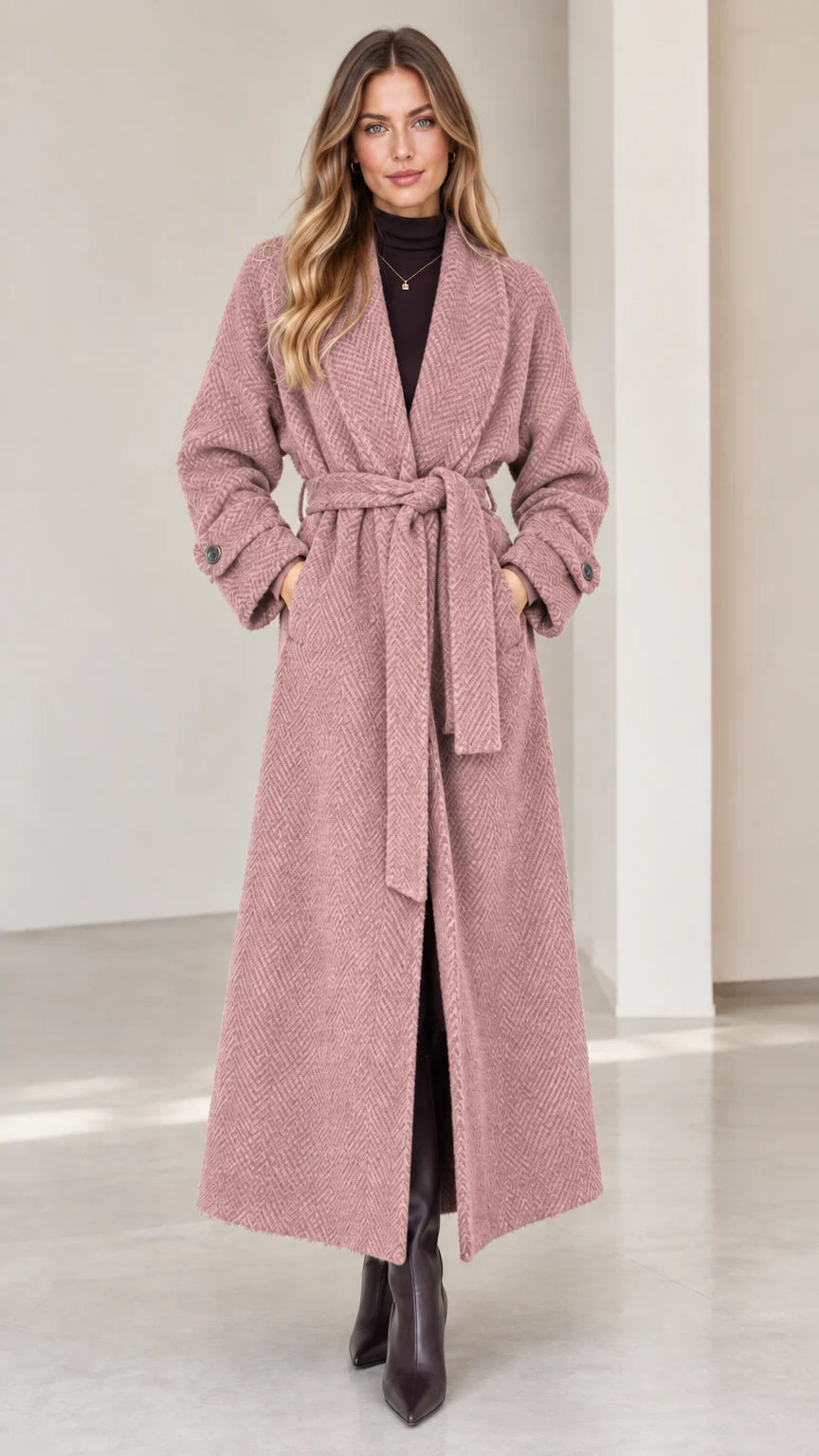 Front view of woman wearing dusty rose herringbone maxi wrap coat
