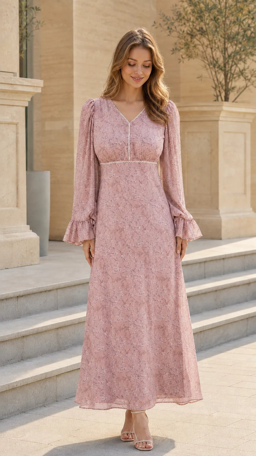 Model wearing dusty pink floral long sleeve maxi dress