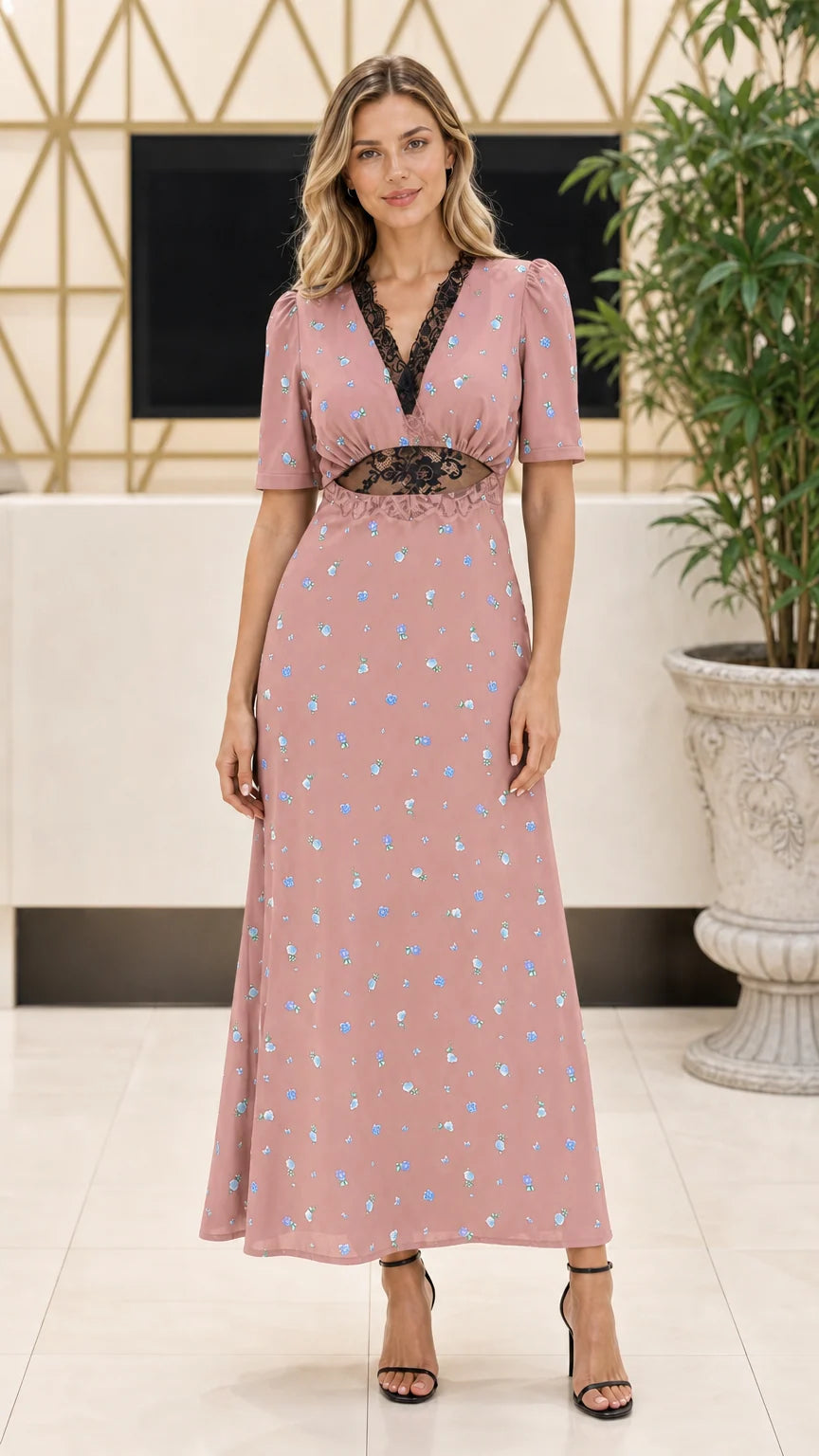 Model wearing Dusty Rose floral print maxi dress with black lace trim