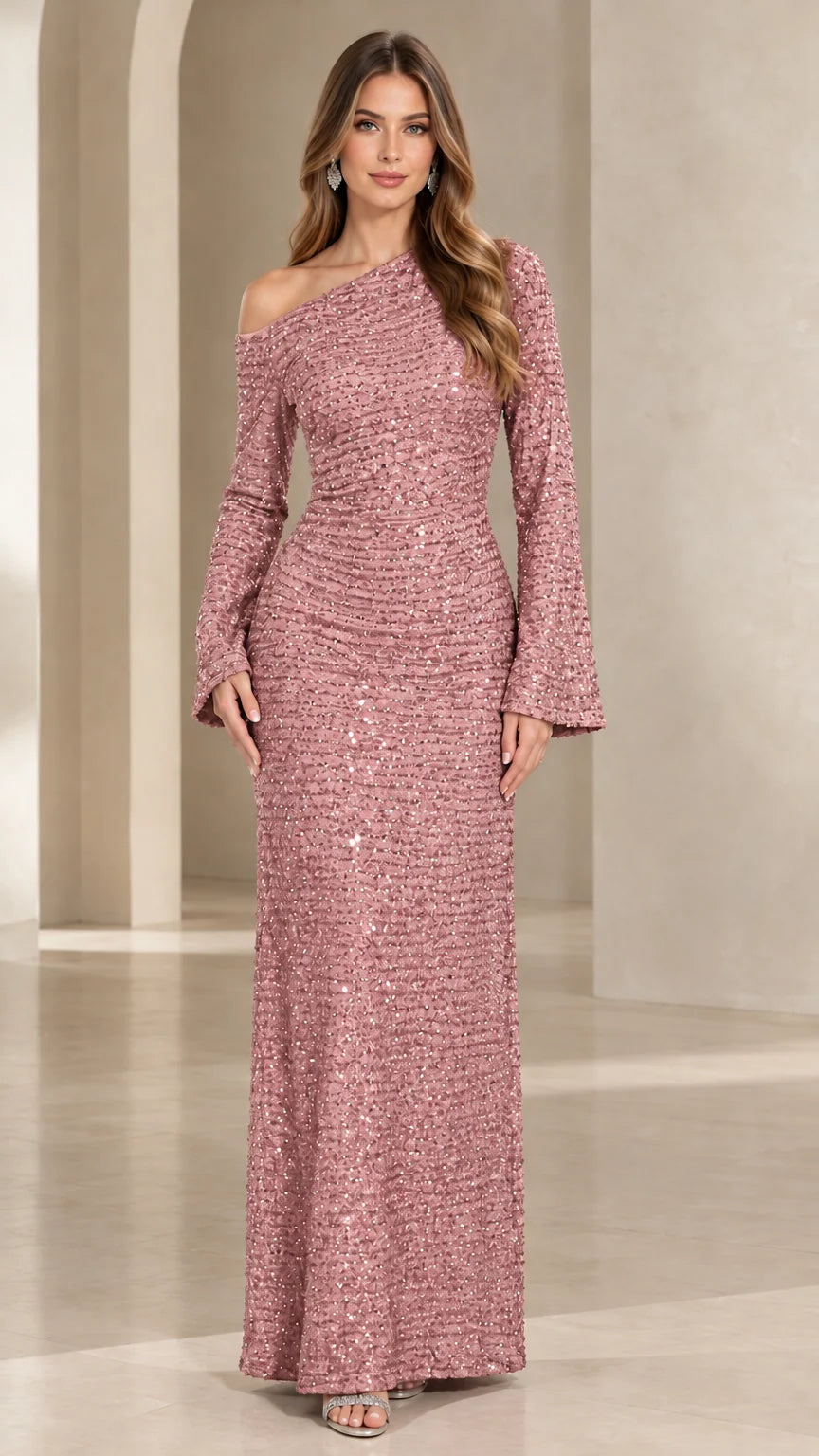 Dusty rose pink one-shoulder sequin evening gown with flared sleeves