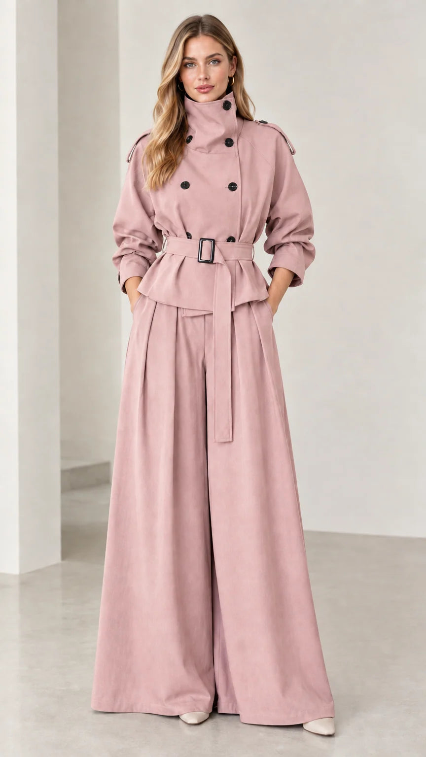 Full-length view of dusty pink belted trench jacket and wide-leg trouser suit