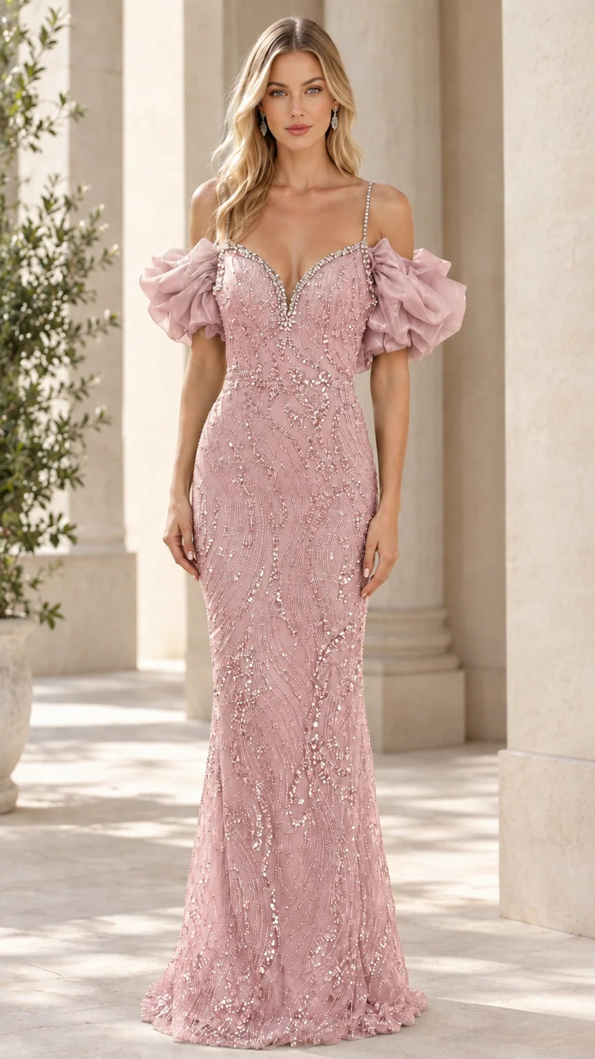 Front view of the blush pink beaded evening gown with delicate ruffled off-shoulder sleeves