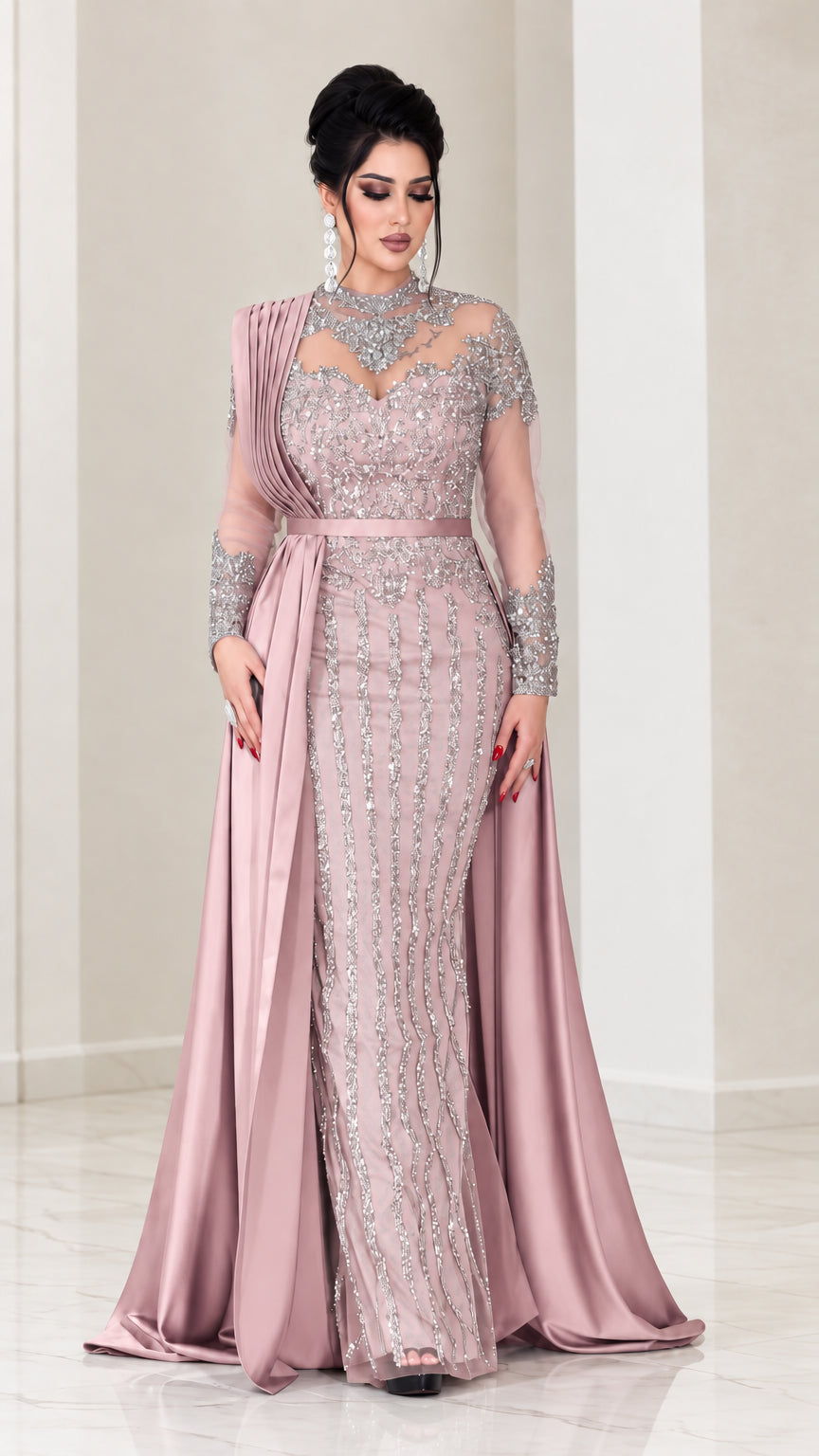Dusty Rose formal evening gown with beaded bodice and satin overskirt
