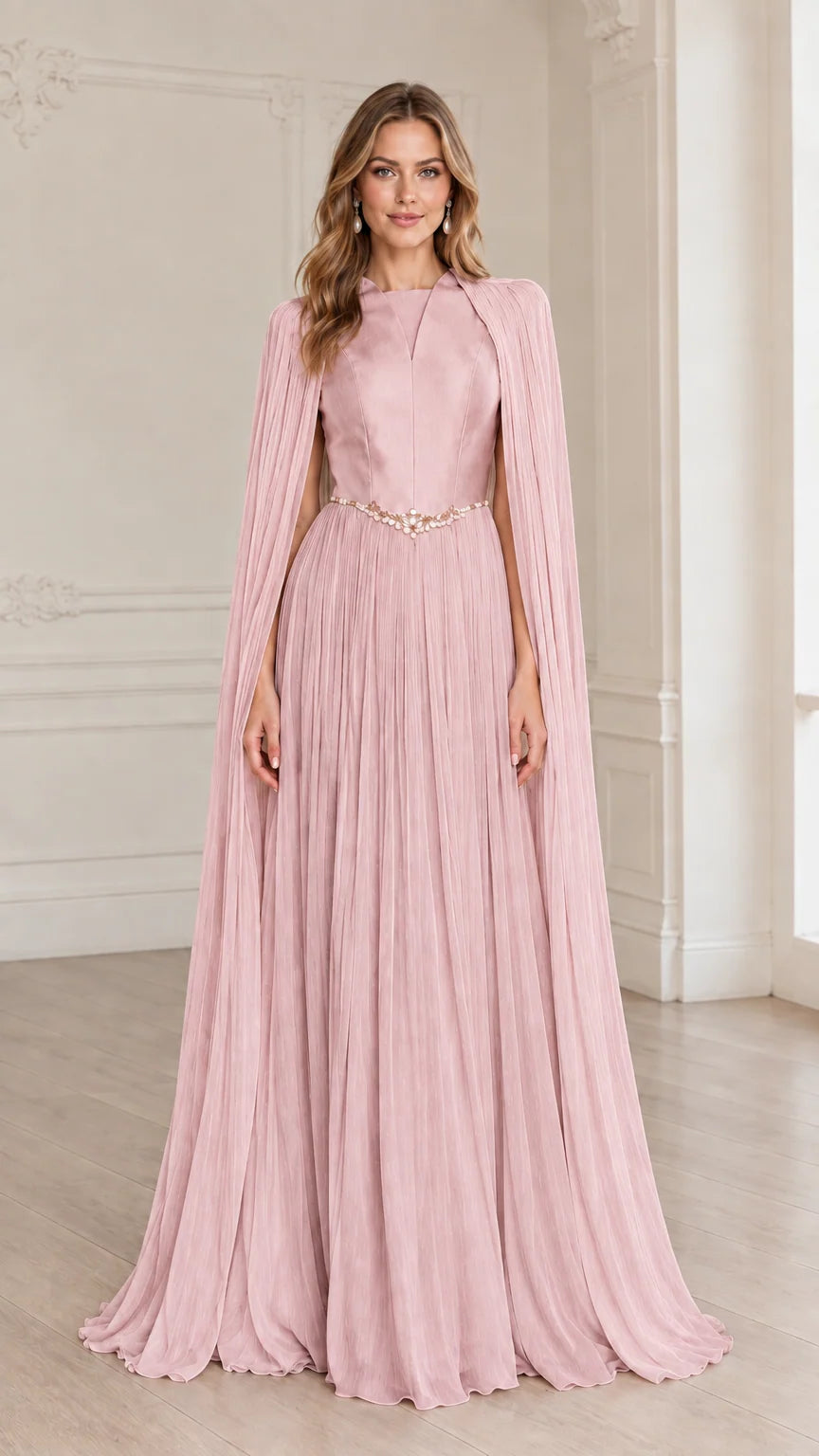 Full-length dusty pink pleated cape sleeve formal dress