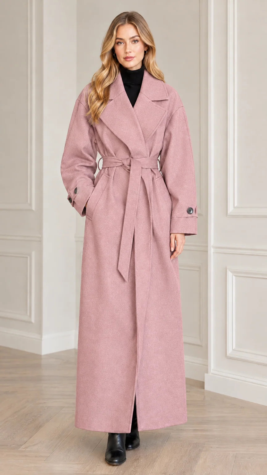 Model wearing dusty pink long wrap overcoat with self tie belt
