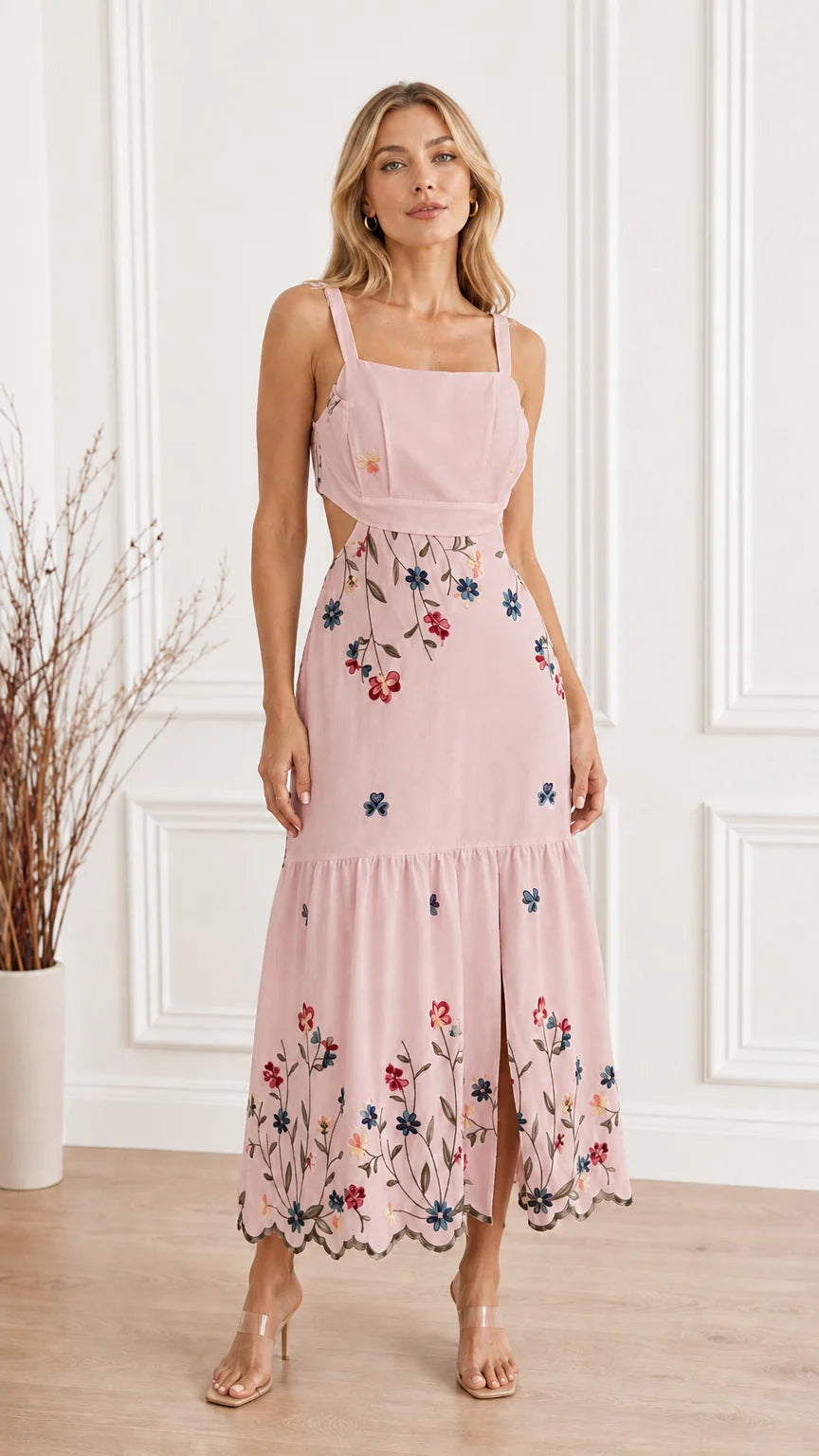 Front view of Pink Floral Embroidered Cutout Square Neck Maxi Dress